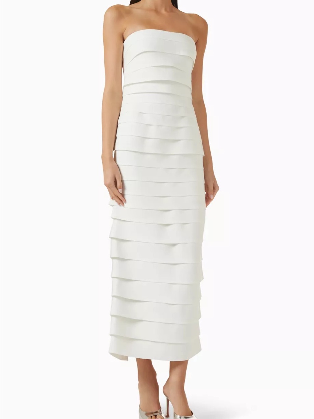 Herve Leger White Strapless Iconic Tiered Bandage Dress